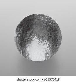 Stock vector illustration shiny, sparkly silver leaf circle. Metal foil texture Isolated on gray background. 