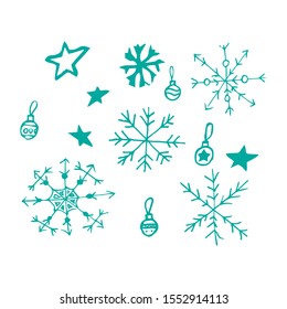 Stock Vector Illustration with Sketch Hand Drawn Doodle Cartoon Christmas Snowflakes, Stars, Balls. For Merry Christmas and Happy New Year design. For invitations