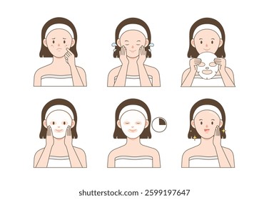 stock vector illustration skin care routine woman using face sheet mask with white background