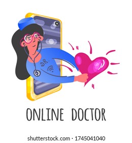 Stock vector illustration of smartphone screen with female therapist on chat in messenger and an online consultation. Online doctor. Healthcare services. Ask a doctor. Online medical support, advice.