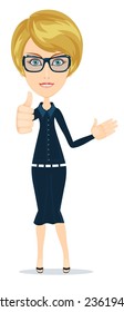 Stock Vector illustration of a smiling cartoon business woman or teacher giving the thumbs up and friendly waving