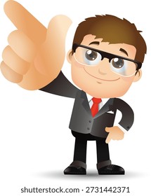 Ilustração de vetor de estoque de um homem de negócios de desenhos animados sorridente em um terno e óculos, apontando para cima com uma mão grande. Perfeito para materiais de negócios, marketing ou consultoria para transmitir atenção, orientação ou aprovação.