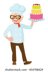 Stock vector illustration of a smiling senior chef holding plate with cake