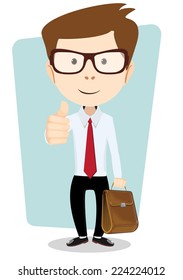 Stock Vector illustration of a smiling and winking cartoon business man giving the thumbs up with briefcase.