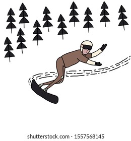 Stock Vector illustration with a snowboarder sharp turn. An adult snowboarding in mountains. Drawing of snowboard trick isolated on white background. Design for sport shop or skiing school.