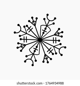 Stock vector illustration of snowflake icon. Christmas and winter theme. Simple flat black art on white isolated background for greeting card, poster, print, template. Happy Merry Christmas, New Year.