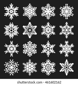 Stock vector illustration snowflakes set. Black background. White complex snowflakes set 16. EPS 10