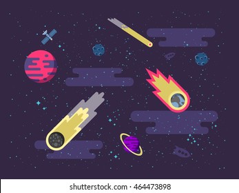 Stock vector illustration space background with comets, meteorites, stars, planets, nebulae in a flat style