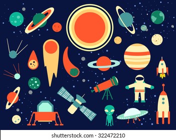 Ilustración vectorial de stock:
Conjunto espacial de planetas, órbitas, cohetes, satélite, estrellas, ufo, astronauta, apollo, cometa, meteorito. Cosmos. Ilustración vectorial. Iconos de dibujos animados.