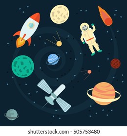 Stock Vector Illustration Space set of planets, orbits, rockets, satellite, stars, ufo, astronaut apollo comet meteorite Cosmos Vector illustration
