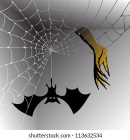 Stock Vector Illustration. Spiderweb illustration background, with bat and zombie hand