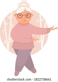 Stock vector illustration sport exercises for old people. Old woman doing gymnastics