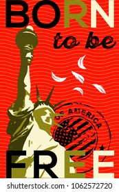 Stock vector illustration Statue of liberty. The main monument of America. Architecture of New York. Historic landmark. Tourist attraction. Woman with torch.Stamp with the flaf of USA.Flying feathers.