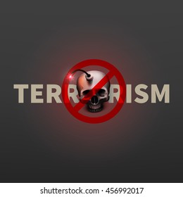 Stock vector illustration stop terrorism poster. Realistic bomb human skull. A suicide bomber. EPS 10