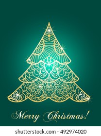 Stock Vector Illustration:
stylized Christmas tree on decorative background. Merry Christmas lettering text for internet sites, gift cards, flyers and presentations. Vector illustration