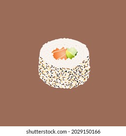 stock vector illustration of a sushi uramaki, sushi roll, sesame seeds, salmon, avocado, cucumber, gherkin and rice on brown background, sushi roll sesame seeds on brown