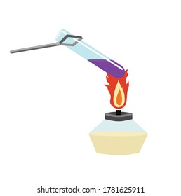 Stock vector illustration. The test tube with the purple liquid is located in the test tube holder above the burning burner. With a white backing.