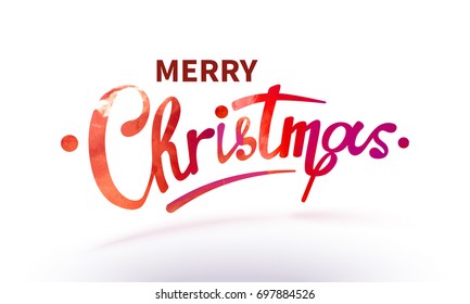 Stock vector illustration text Merry Christmas lettering shiny, sparkly typeface red leaf. Red confetti Isolated on white background. Greeting card, poster, brochure or flyer template. EPS10
