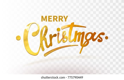 Stock vector illustration text Merry Christmas lettering shiny, sparkly typeface gold leaf. Golden confetti Isolated on white background. Greeting card, poster, brochure or flyer template. Transparent
