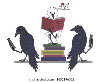 Stock vector illustration. Three crows are drawn, two black crows holding a telephone in their paws, and one white crow, she sits on books and reads a book