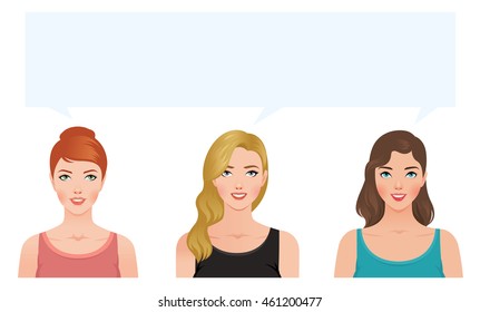 Stock vector illustration of three young women blonde brunette and redhead looking up thinking about something together