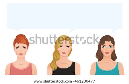 Stock vector illustration of three young women blonde brunette and redhead looking up thinking about something together