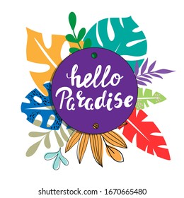 Stock vector illustration with tropical leaves and the inscription hello paradise on a white background. Summer card. Nature concept