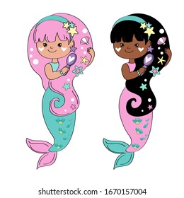 Stock vector illustration with two little mermaids of different nationalities on a white background. Summer concept. Girl with pink and black hair