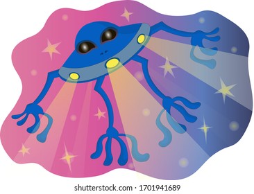 Stock vector illustration. The UFO is blue, it has 4 arms and 2 eyes, flies and shines with fanars. Drawn on a pink-purple background, stars shine in the sky