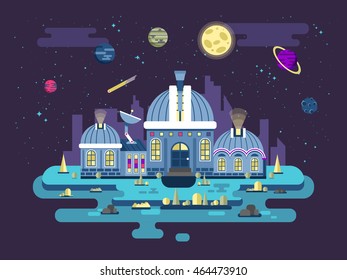 Stock vector illustration of UFO Observatory for space exploration in a flat style