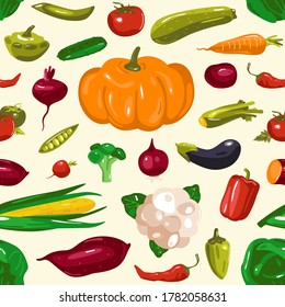 Stock vector illustration of vegetables seamless pattern. Design in flat style. Isolated on white background