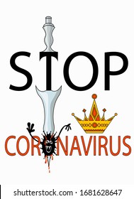  Stockillustration der Vektorillustration. das Virusbakterium, das das Messer durchbohrt, schreit und fließt. Der Text ist geschrieben: Stopp Coronavirus.
