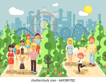 Stock vector illustration walk stroll promenade of parents with children, child's day, entertainment and leisure in amusement park outdoor, roller coaster switchback background, cityscape flat style