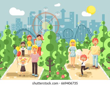 Stock vector illustration walk stroll promenade of parents with children, child's day, balloons, eat ice cream and cotton candy amusement park outdoor, roller coaster switchback background flat style