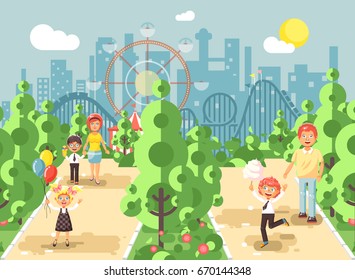 Stock vector illustration walk stroll promenade of parents with children, child's day, balloons, eat ice cream and cotton candy amusement park outdoor, roller coaster switchback background flat style