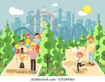 Stock vector illustration walk stroll promenade of parents with children, child's day, balloons, eat ice cream and cotton candy amusement park outdoor, roller coaster switchback background flat style