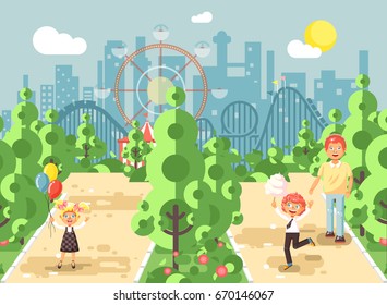 Stock vector illustration walk stroll promenade father with son, daughter children, child's day, balloons, eat cotton candy amusement park outdoor, roller coaster switchback on background flat style