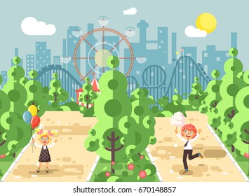 Stock vector illustration walk stroll promenade boy, girl, school children, classmates child's day, balloons, eat cotton candy amusement park outdoor, roller coaster switchback background flat style