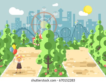 Stock vector illustration walk stroll promenade girl, school child, child's day, holds balloons in hands on alley pavement in amusement park outdoor, roller coaster switchback background flat style