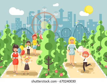 Stock vector illustration walk stroll promenade boy and girl with moms, child's or mother's day, cotton candy on alley pavement amusement park outdoor, roller coaster switchback background flat style