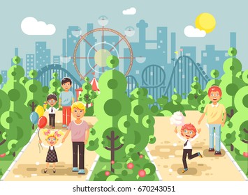 Stock vector illustration walk stroll promenade boy and girl with dads, child's or father's day, cotton candy on alley pavement amusement park outdoor, roller coaster switchback background flat style