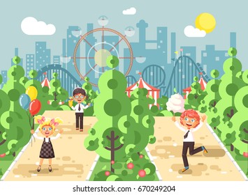 Stock vector illustration walk stroll promenade boys girl children child's day, balloons, ice cream, cotton candy alley pavement amusement park outdoor, roller coaster switchback background flat style