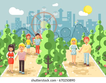 Stock vector illustration walk stroll promenade couples, men and women on date, lovers, St. Valentine's Day, alley pavement amusement park outdoor, roller coaster switchback background in flat style