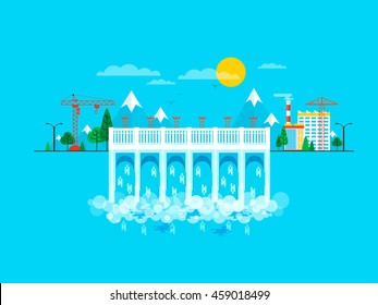 Stock vector illustration of water dam in flat style, pressure, causeway, barrage bridge, office buildings to control, mountains snow-capped peaks, crane metal structures on blue background