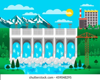 Stock vector illustration of water dam among green hills, pressure, causeway, barrage bridge, office buildings to control, mountains snow-capped peaks, crane metal structures blue background