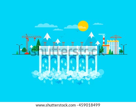 Stock vector illustration of water dam in flat style, pressure, causeway, barrage bridge, office buildings to control, mountains snow-capped peaks, crane metal structures on blue background