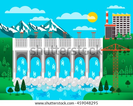 Stock vector illustration of water dam among green hills, pressure, causeway, barrage bridge, office buildings to control, mountains snow-capped peaks, crane metal structures blue background