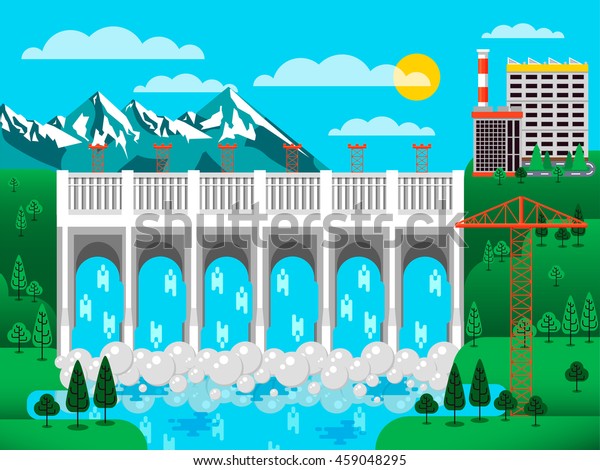 緑の丘の間の水ダムのストックベクターイラスト 圧力 土手道 バレージ橋 管理するオフィスビル 雪を頂く山 クレーンの金属構造物の青の背景 のベクター画像 素材 ロイヤリティフリー