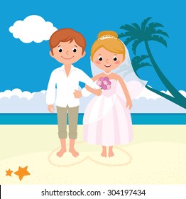 Stock vector illustration wedding newly married couple on the beach/Wedding couple just married on the beach/Stock vector cartoon illustration