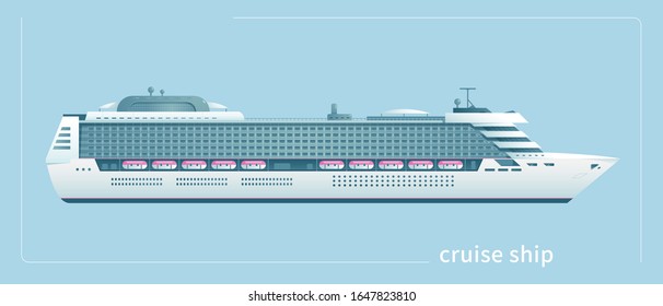 The stock vector illustration of a white big cruise ship is isolated on a light blue background. The concept is sea traveling and people transportation.